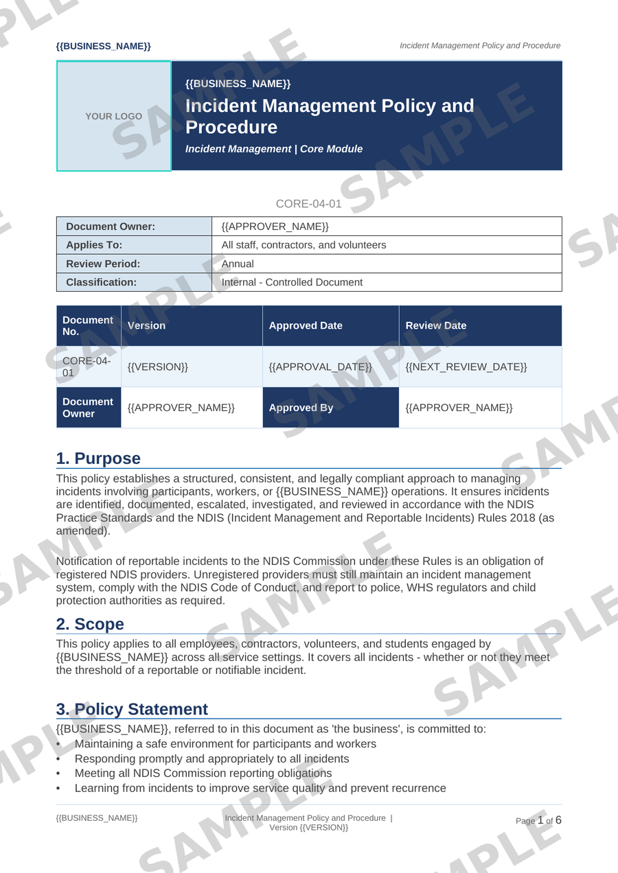 Incident Management Policy and Procedure sample page preview