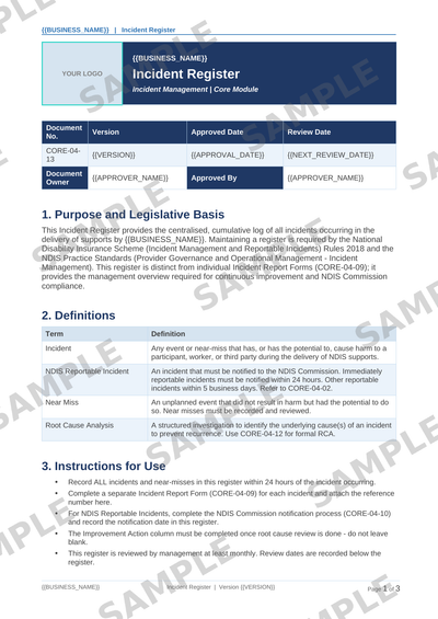 Incident Register sample page preview