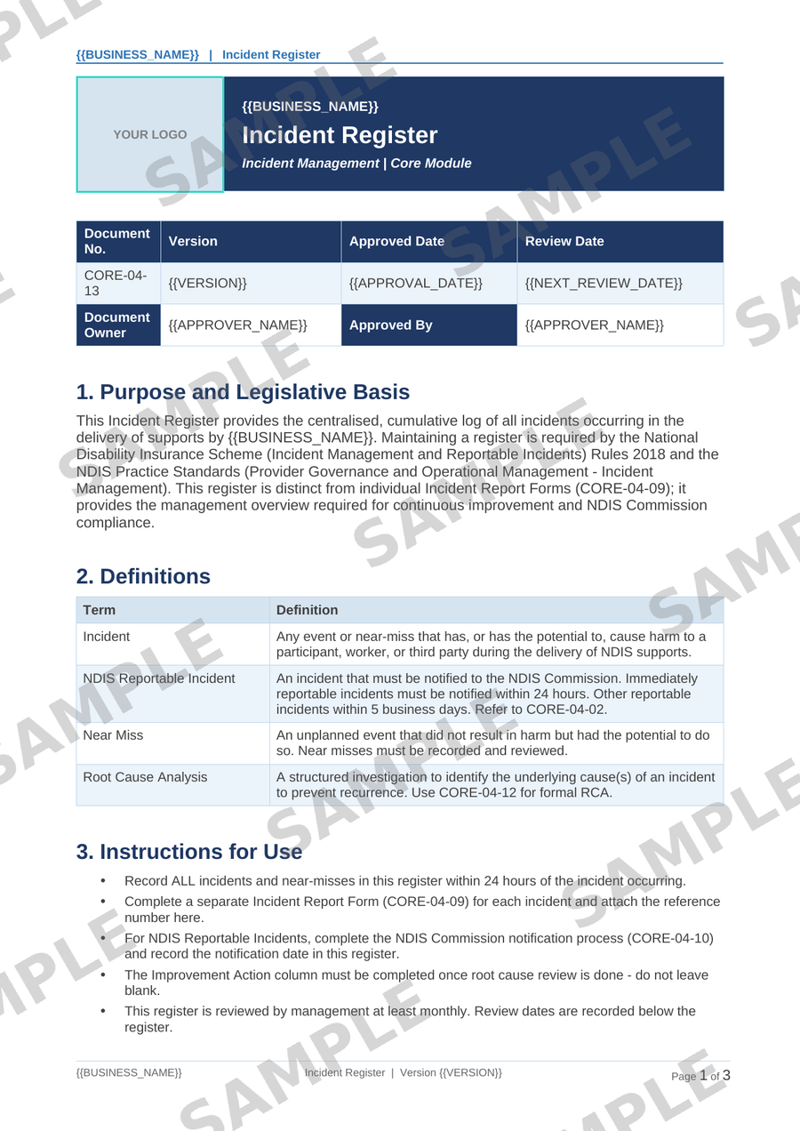 Incident Register sample page preview