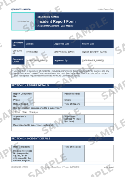 Incident Report Form sample page preview