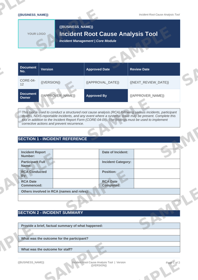 Incident Root Cause Analysis Tool sample page preview