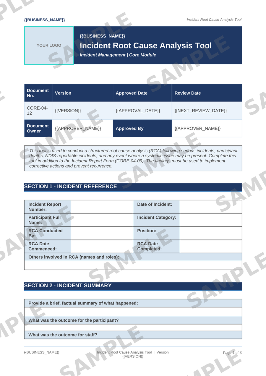 Incident Root Cause Analysis Tool sample page preview