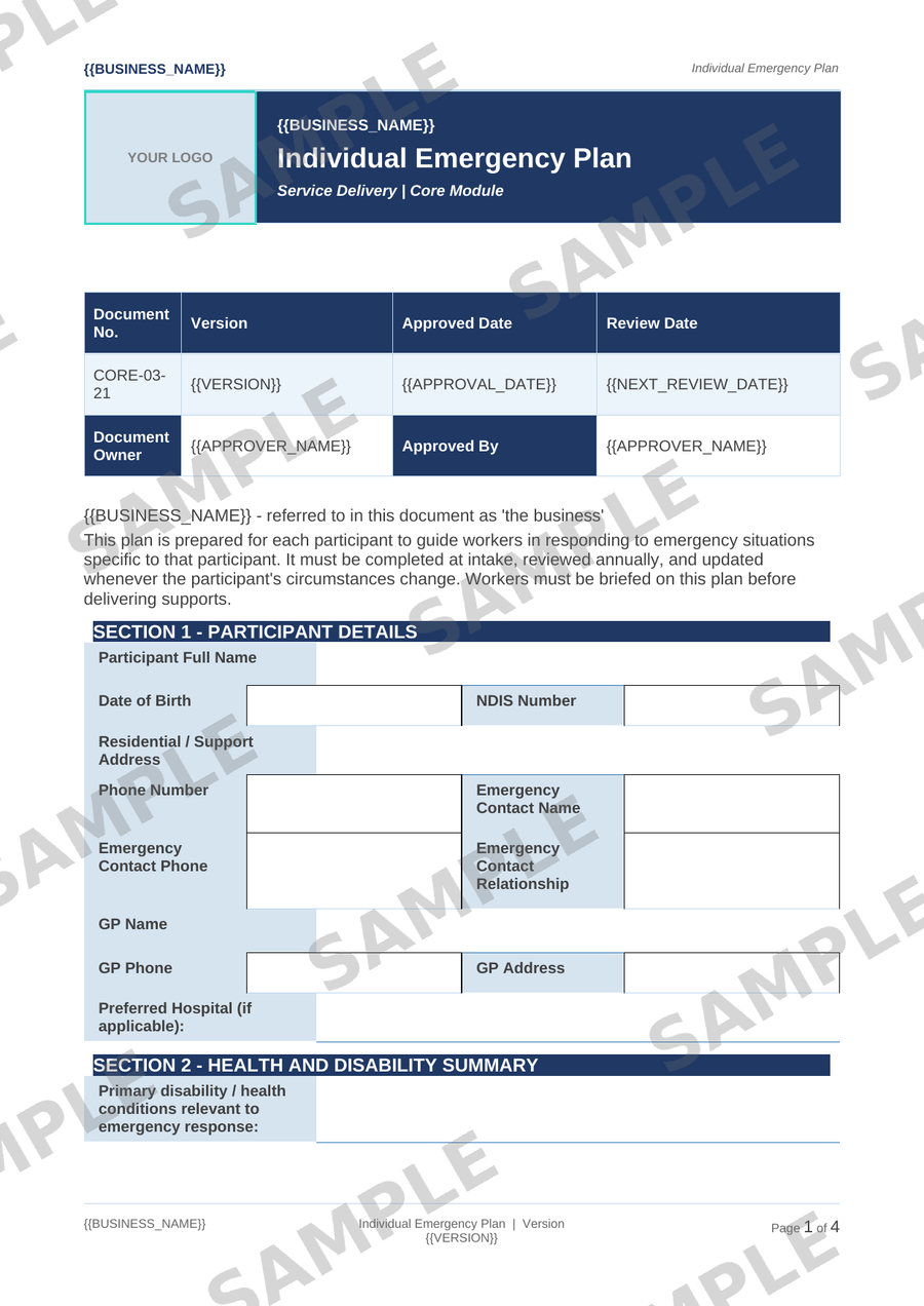 Individual Emergency Plan sample page preview