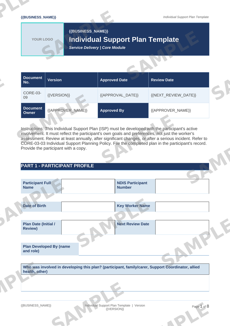 Individual Support Plan Template sample page preview