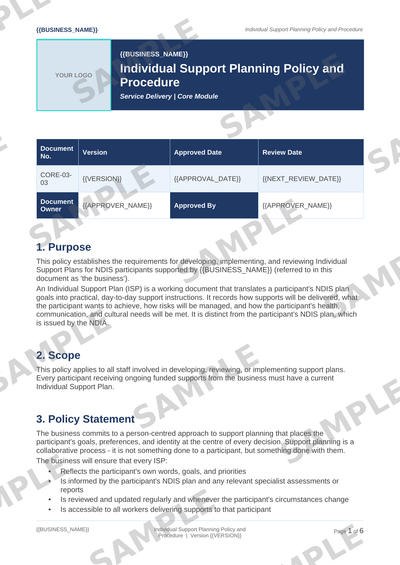 Individual Support Planning Policy and Procedure sample page preview