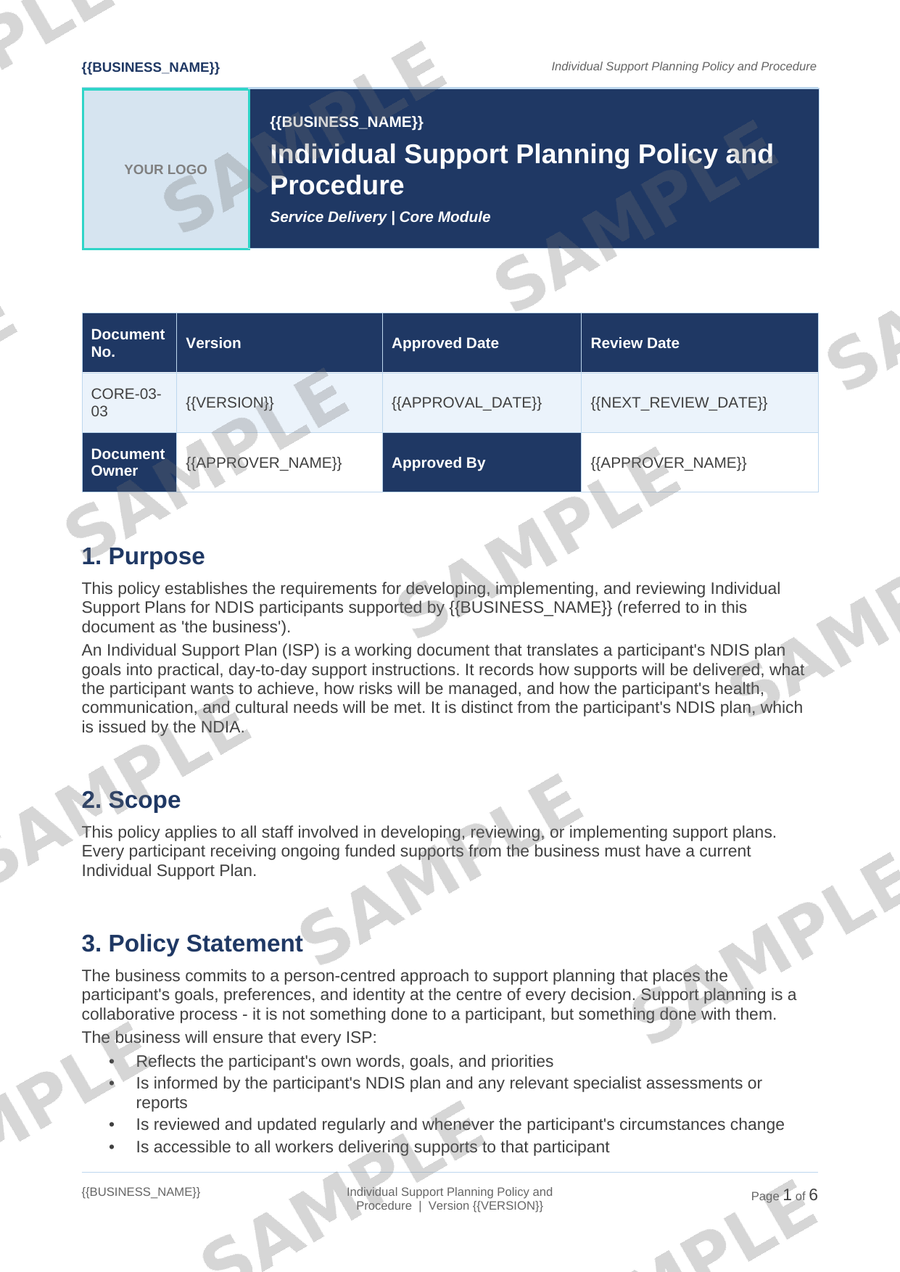 Individual Support Planning Policy and Procedure sample page preview