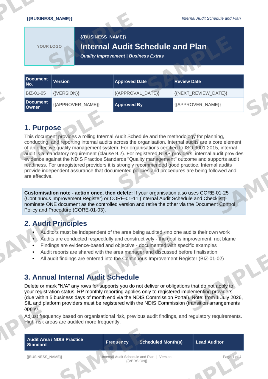Internal Audit Schedule and Plan sample page preview