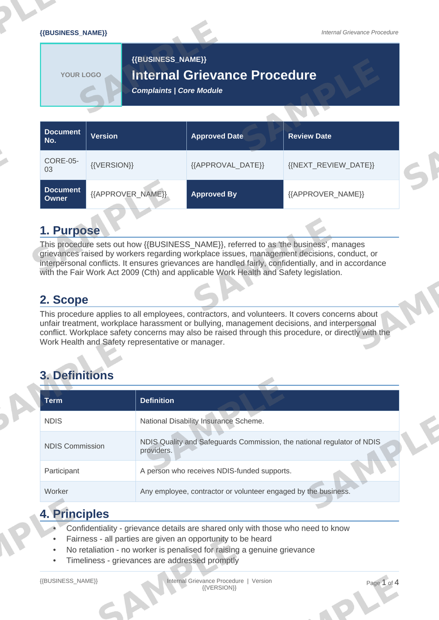 Internal Grievance Procedure sample page preview