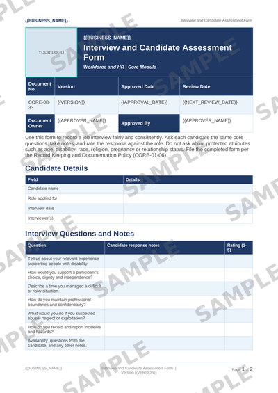 Interview and Candidate Assessment Form sample page preview