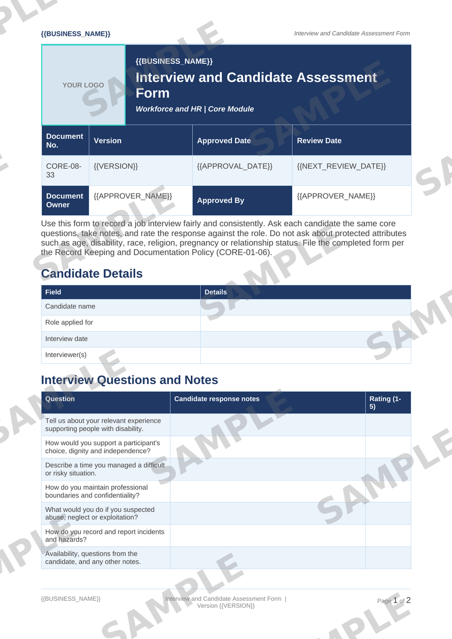 Interview and Candidate Assessment Form sample page preview