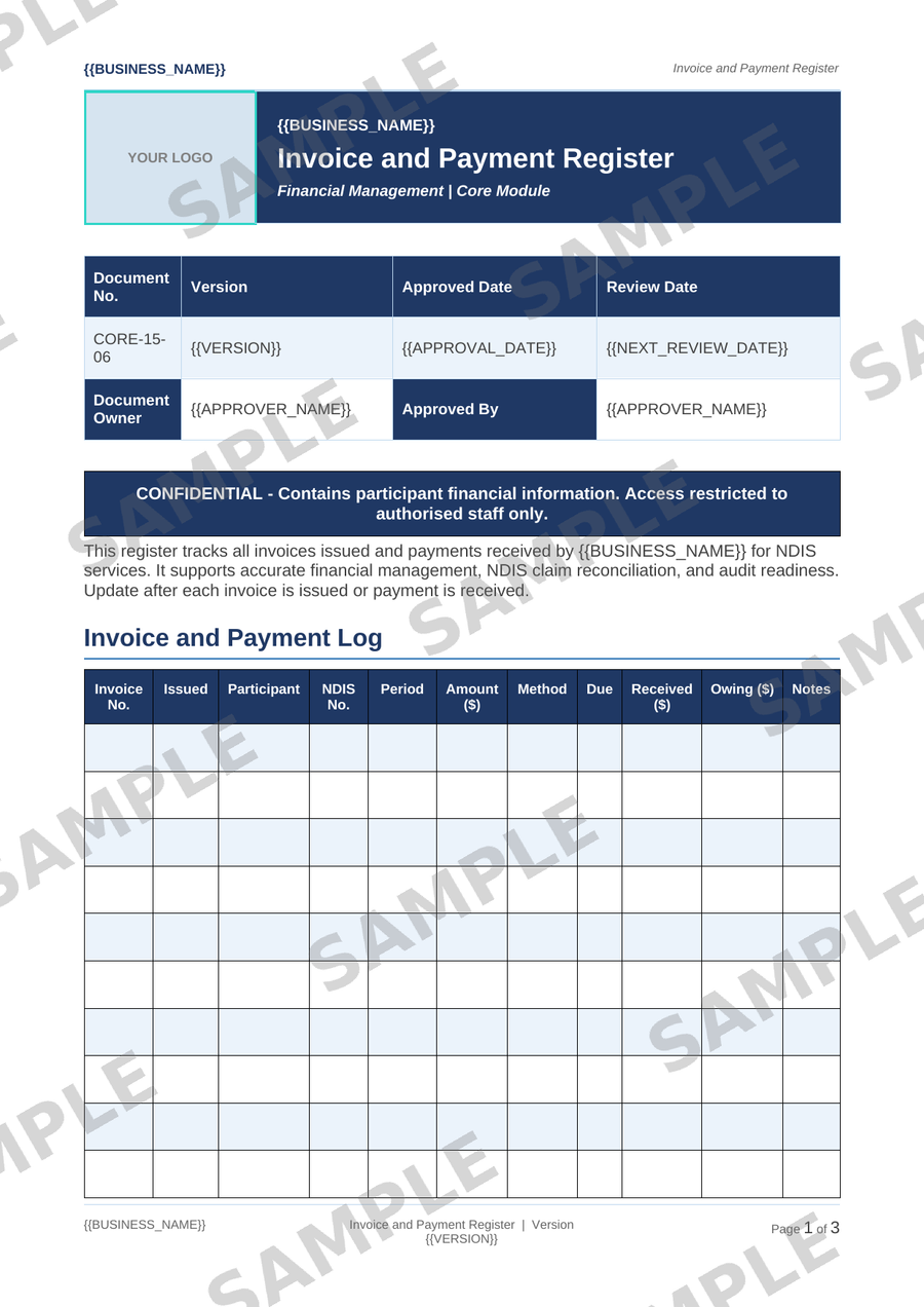 Invoice and Payment Register sample page preview
