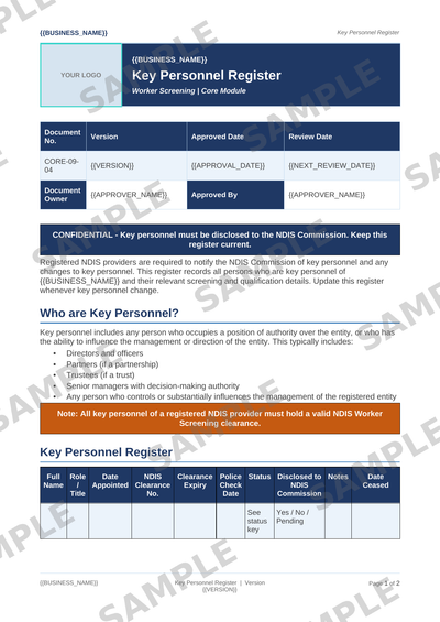 Key Personnel Register sample page preview