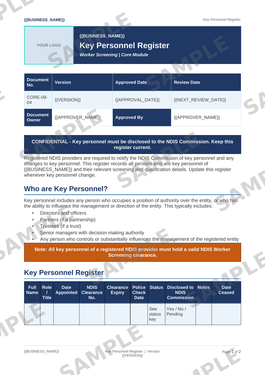 Key Personnel Register sample page preview