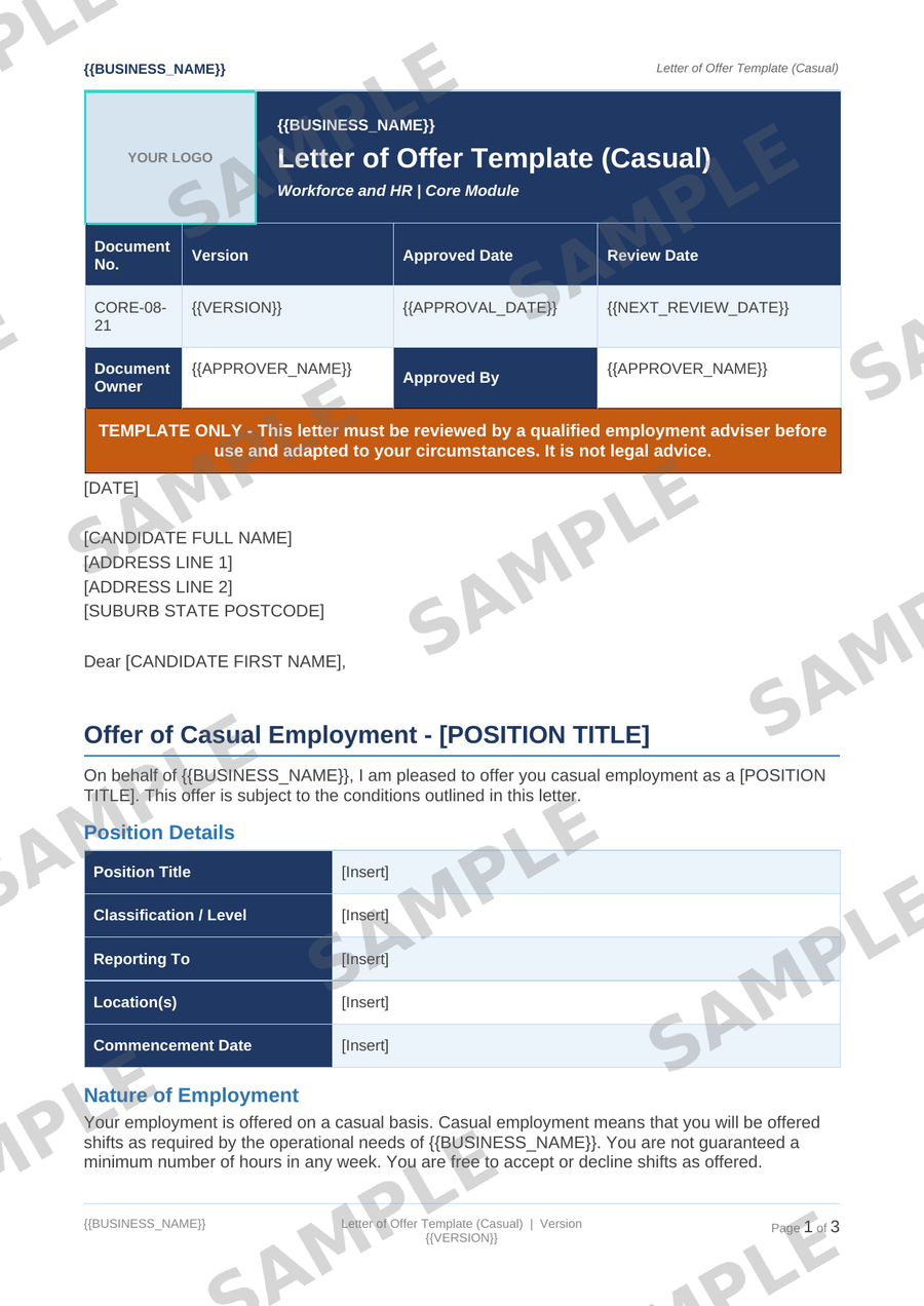 Letter of Offer Template (Casual) sample page preview