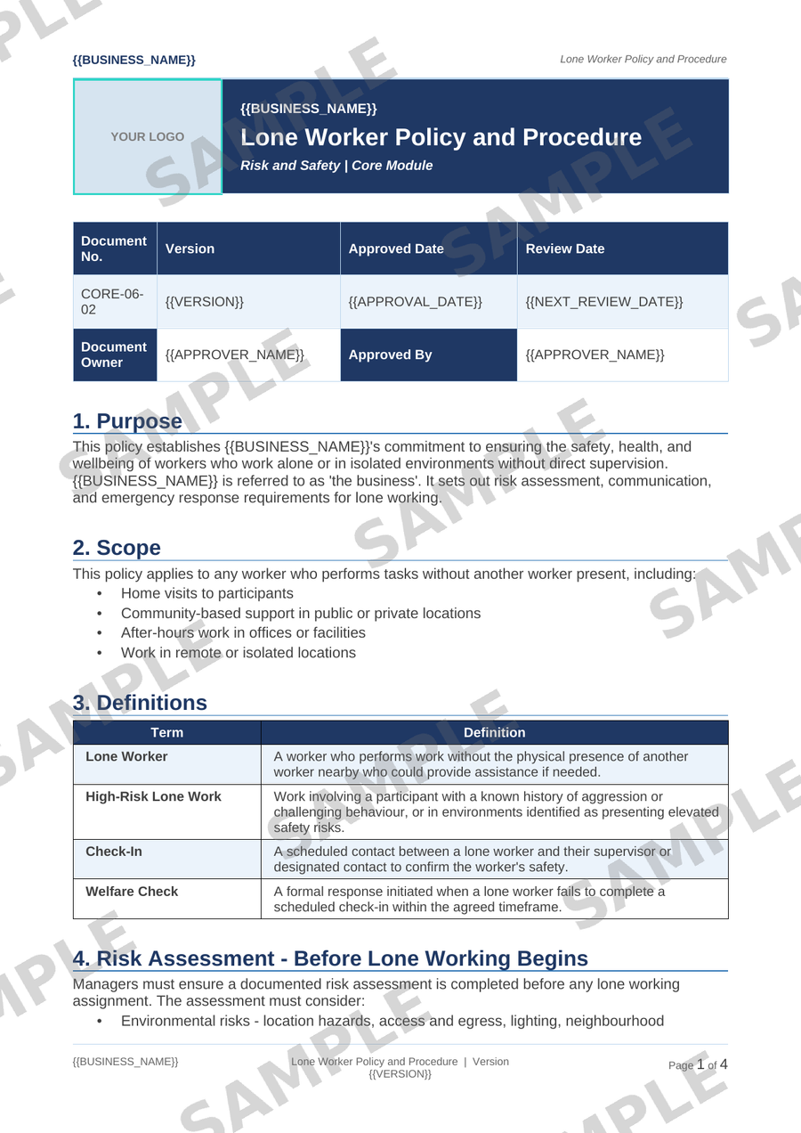 Lone Worker Policy and Procedure sample page preview