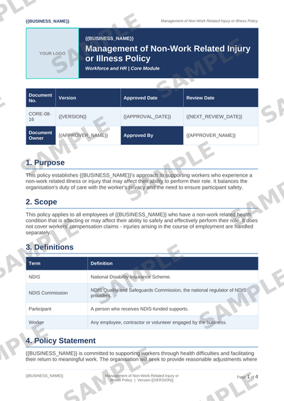 Management of Non-Work Related Injury or Illness Policy sample page preview
