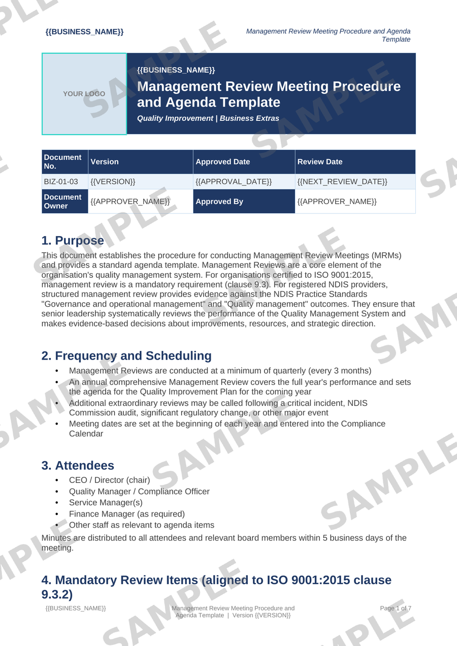 Management Review Meeting Procedure and Agenda Template sample page preview