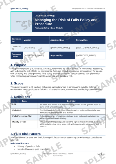 Managing the Risk of Falls Policy sample page preview