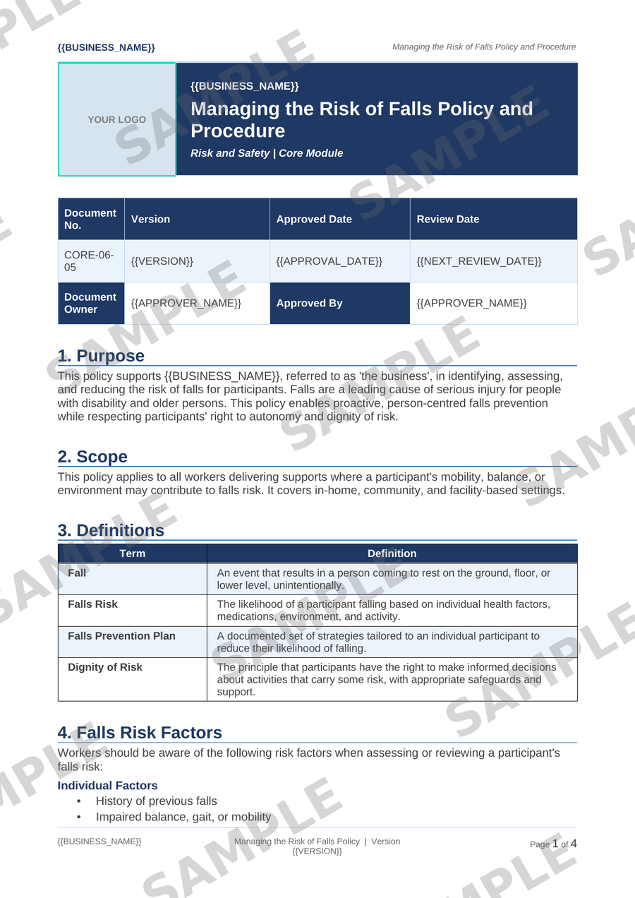 Managing the Risk of Falls Policy sample page preview