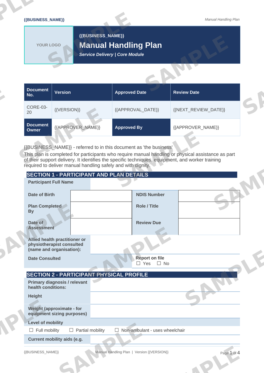 Manual Handling Plan sample page preview