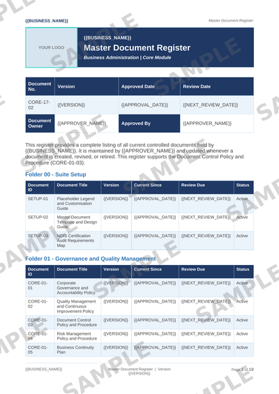 Master Document Register sample page preview