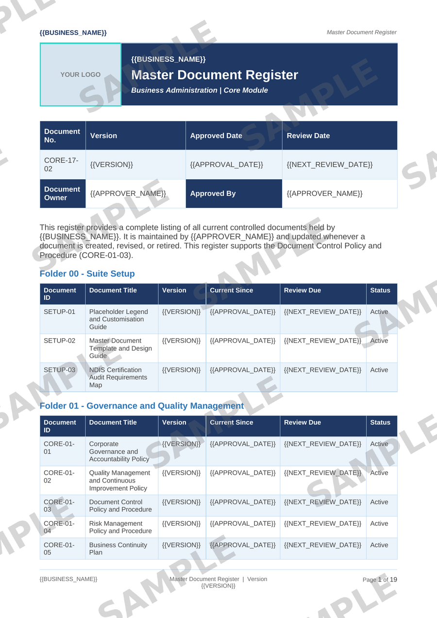 Master Document Register sample page preview