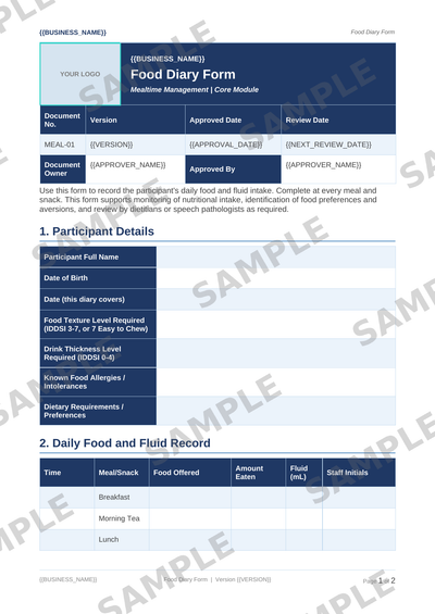 Food Diary Form sample page preview