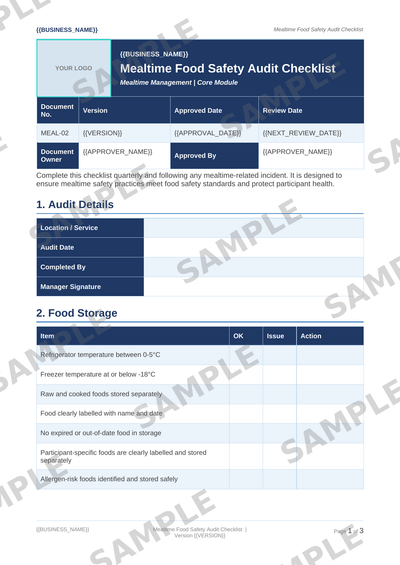 Mealtime Food Safety Audit Checklist sample page preview