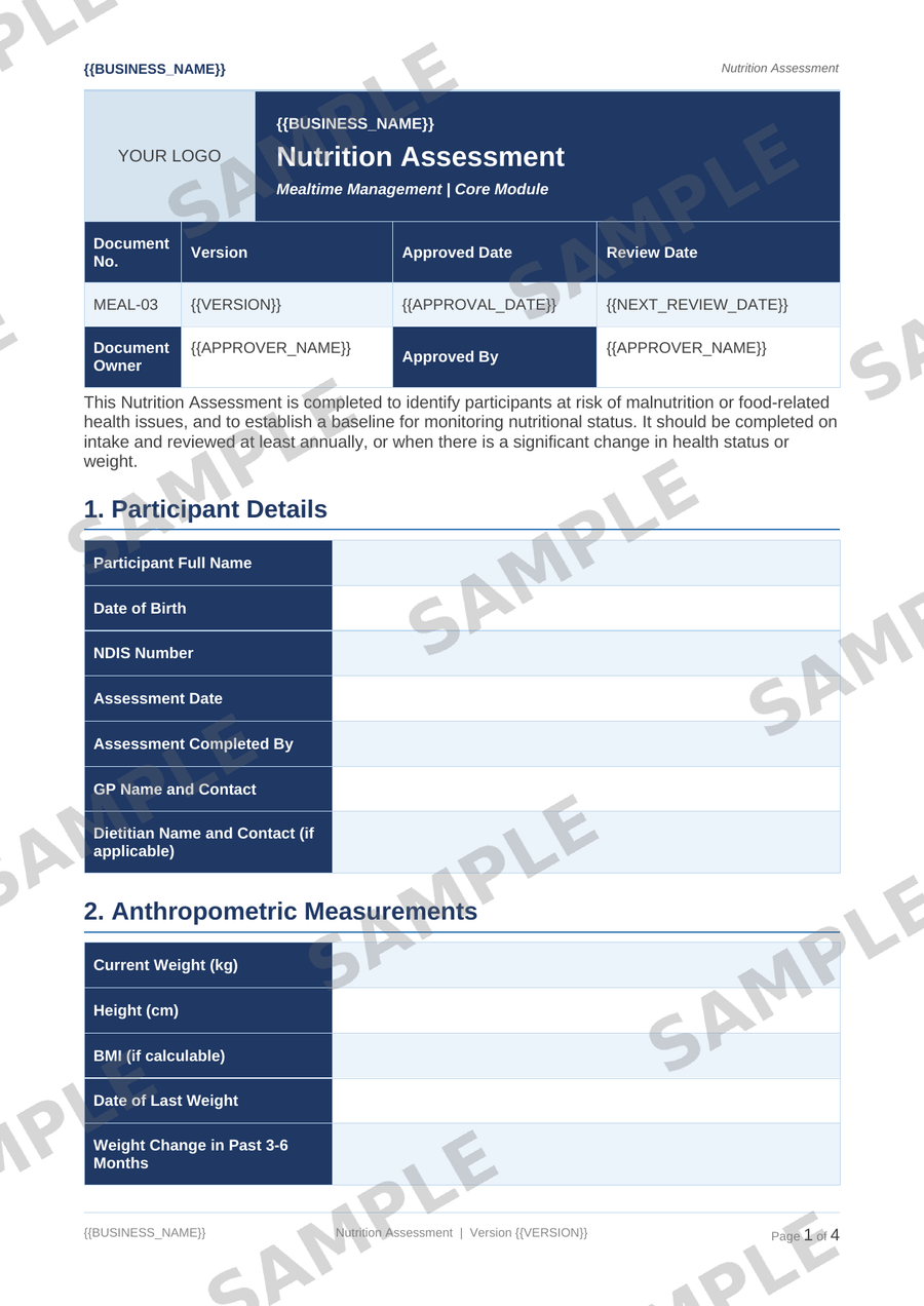 Nutrition Assessment sample page preview