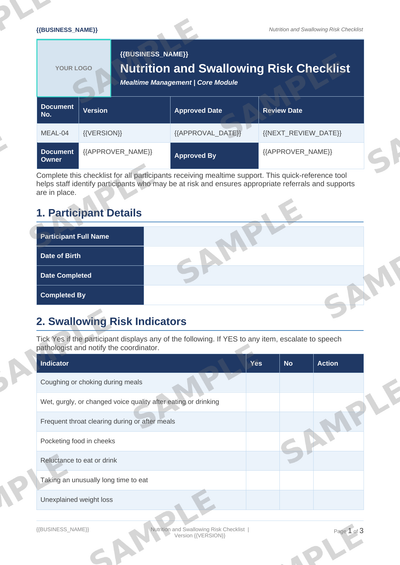 Nutrition and Swallowing Risk Checklist sample page preview