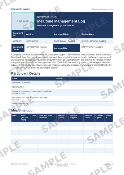 Mealtime Management Log sample page preview