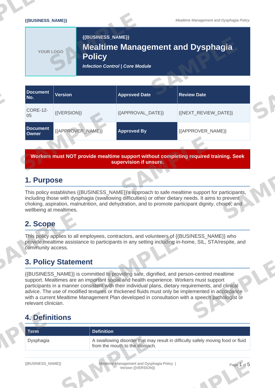 Mealtime Management and Dysphagia Policy sample page preview