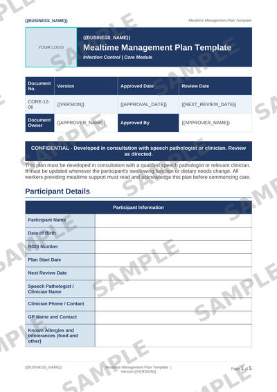 Mealtime Management Plan Template sample page preview