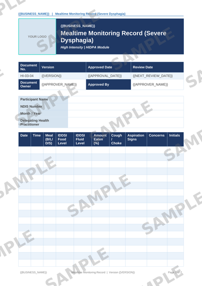 Mealtime Monitoring Record sample page preview