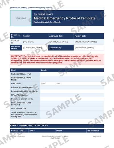 Medical Emergency Protocol Template sample page preview