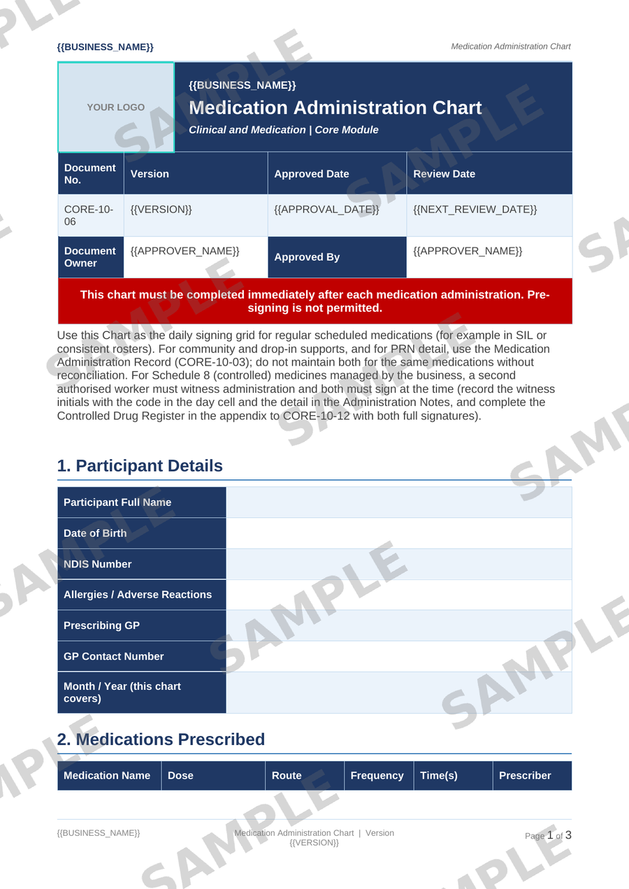 Medication Administration Chart sample page preview
