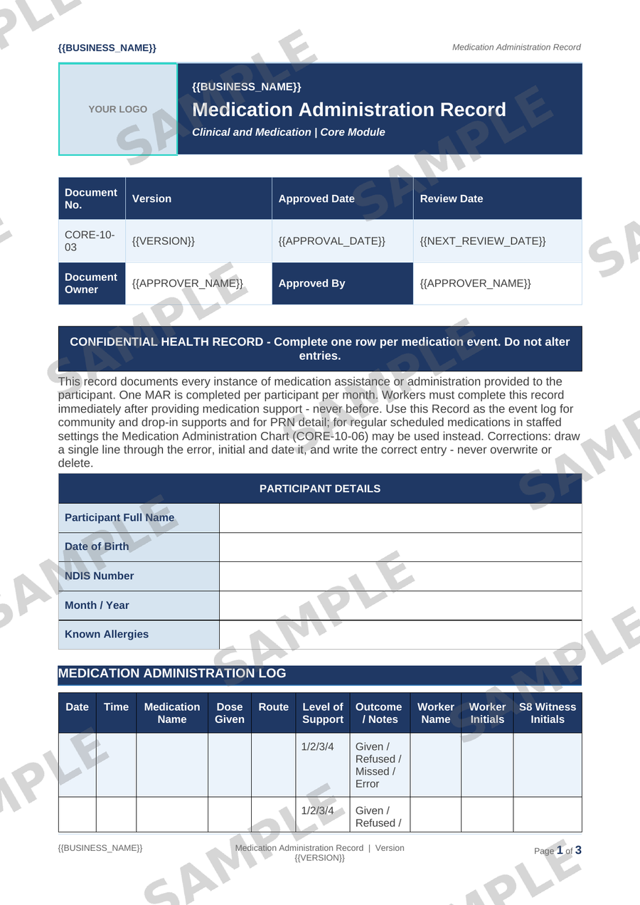 Medication Administration Record sample page preview