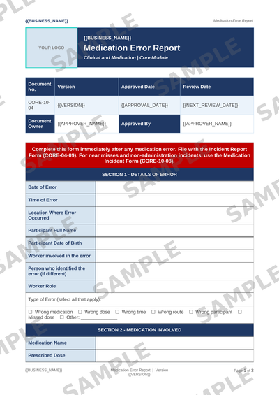 Medication Error Report sample page preview