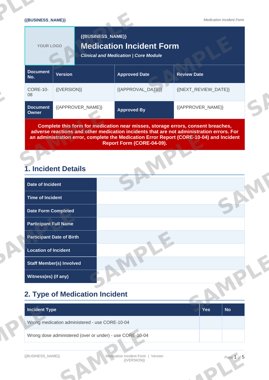 Medication Incident Form sample page preview