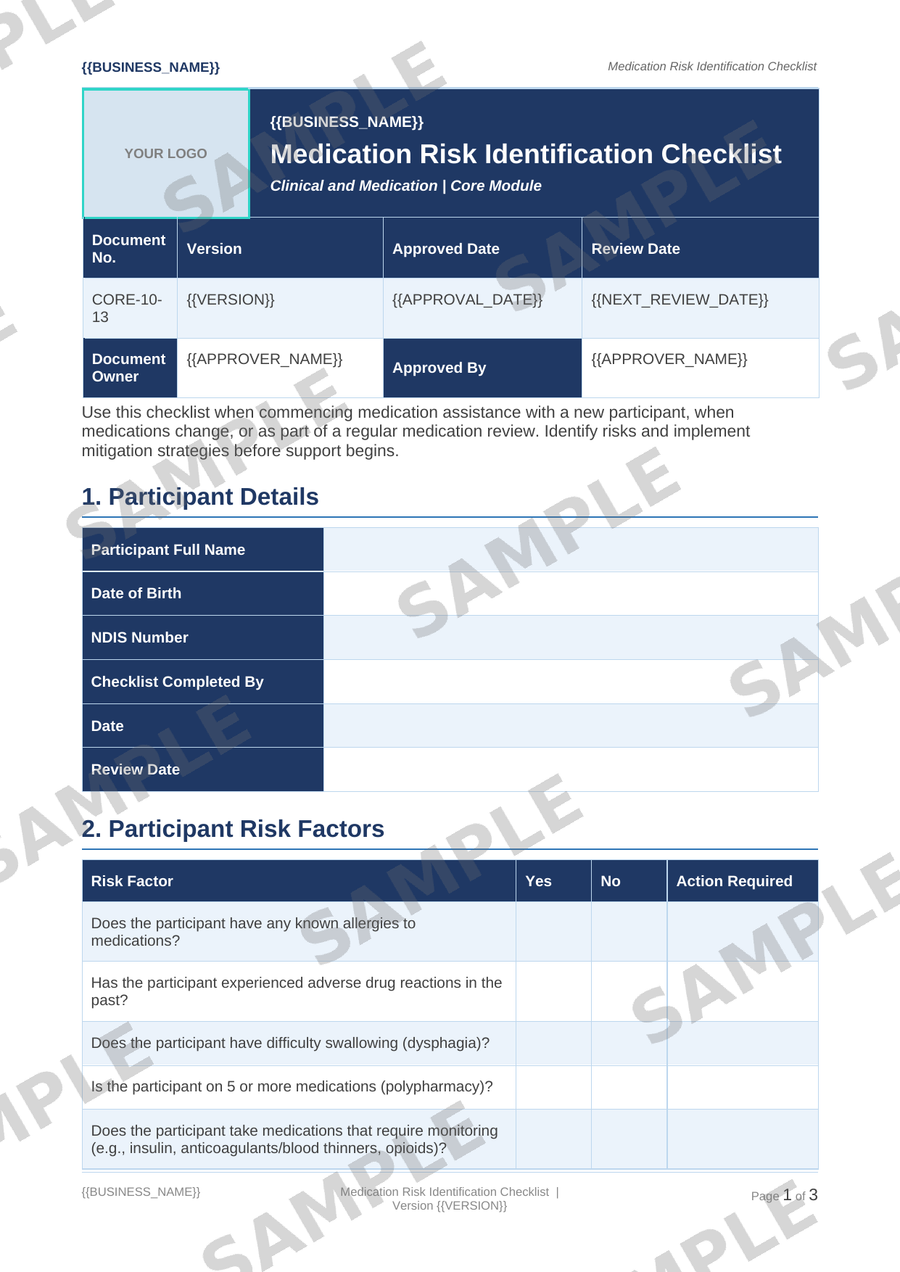 Medication Risk Identification Checklist sample page preview
