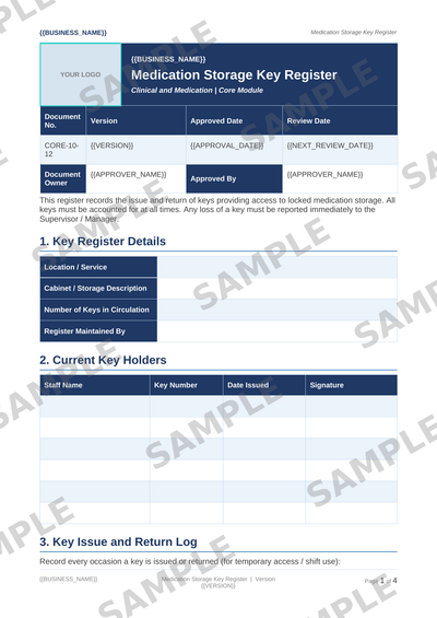 Medication Storage Key Register sample page preview