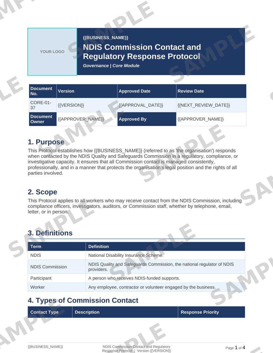 NDIS Commission Contact and Regulatory Response Protocol sample page preview