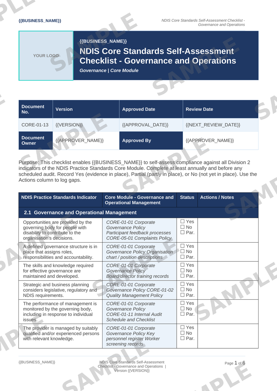 NDIS Core Standards Self-Assessment Checklist - Governance and Operations sample page preview