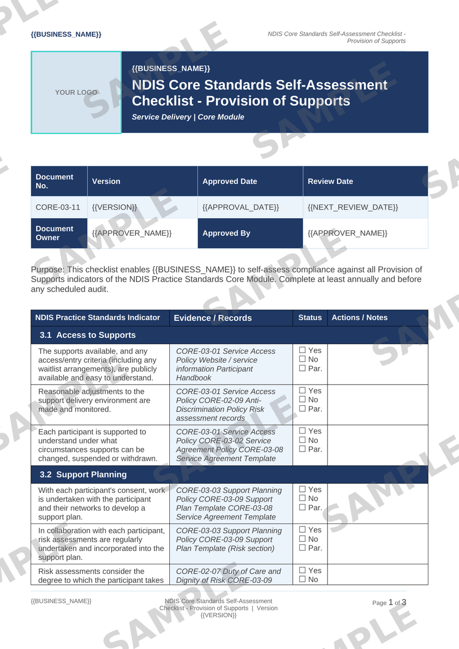 NDIS Core Standards Self-Assessment Checklist - Provision of Supports sample page preview