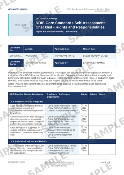 NDIS Core Standards Self-Assessment Checklist - Rights and Responsibilities sample page preview