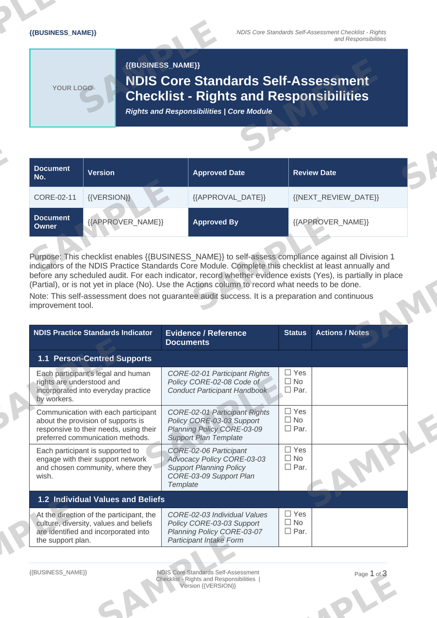 NDIS Core Standards Self-Assessment Checklist - Rights and Responsibilities sample page preview