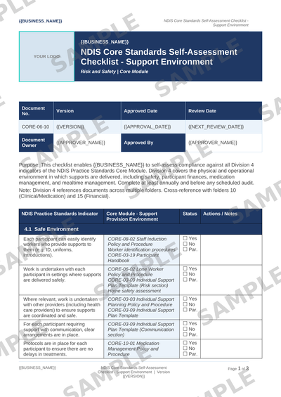 NDIS Core Standards Self-Assessment Checklist - Support Environment sample page preview