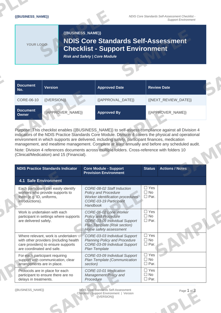 NDIS Core Standards Self-Assessment Checklist - Support Environment sample page preview