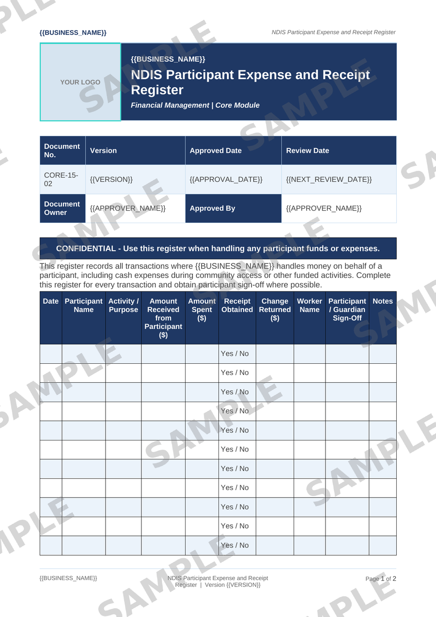 NDIS Participant Expense and Receipt Register sample page preview