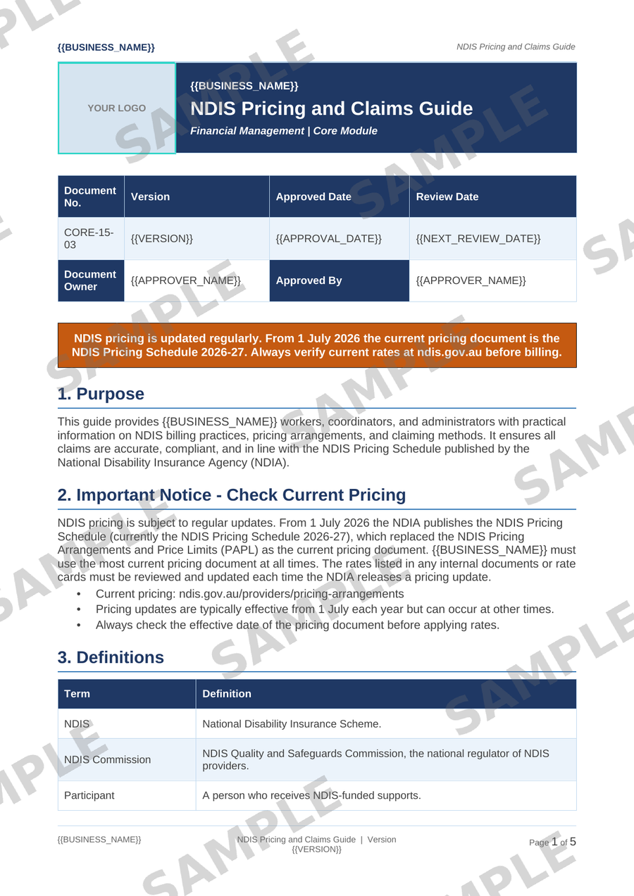 NDIS Pricing and Claims Guide sample page preview